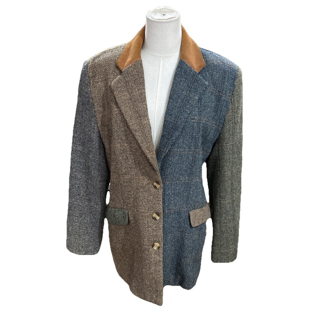 QPS Blazer Jacket Woman's Vintage 10 Wool Poly Blend Herringbone Patchwork 90s